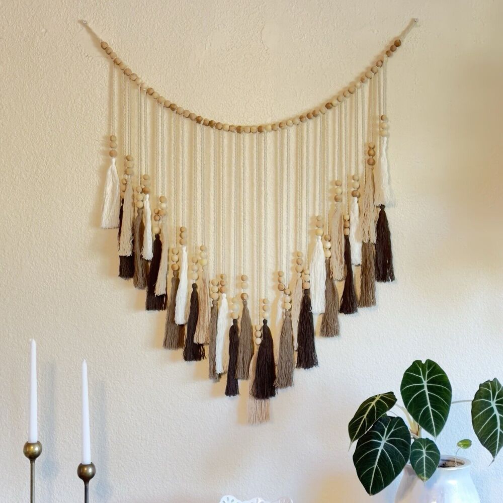 Bohemian Macramé Wood Beads Tasseled Wall Hanging Woven Tapestry Decor Brown Tan
